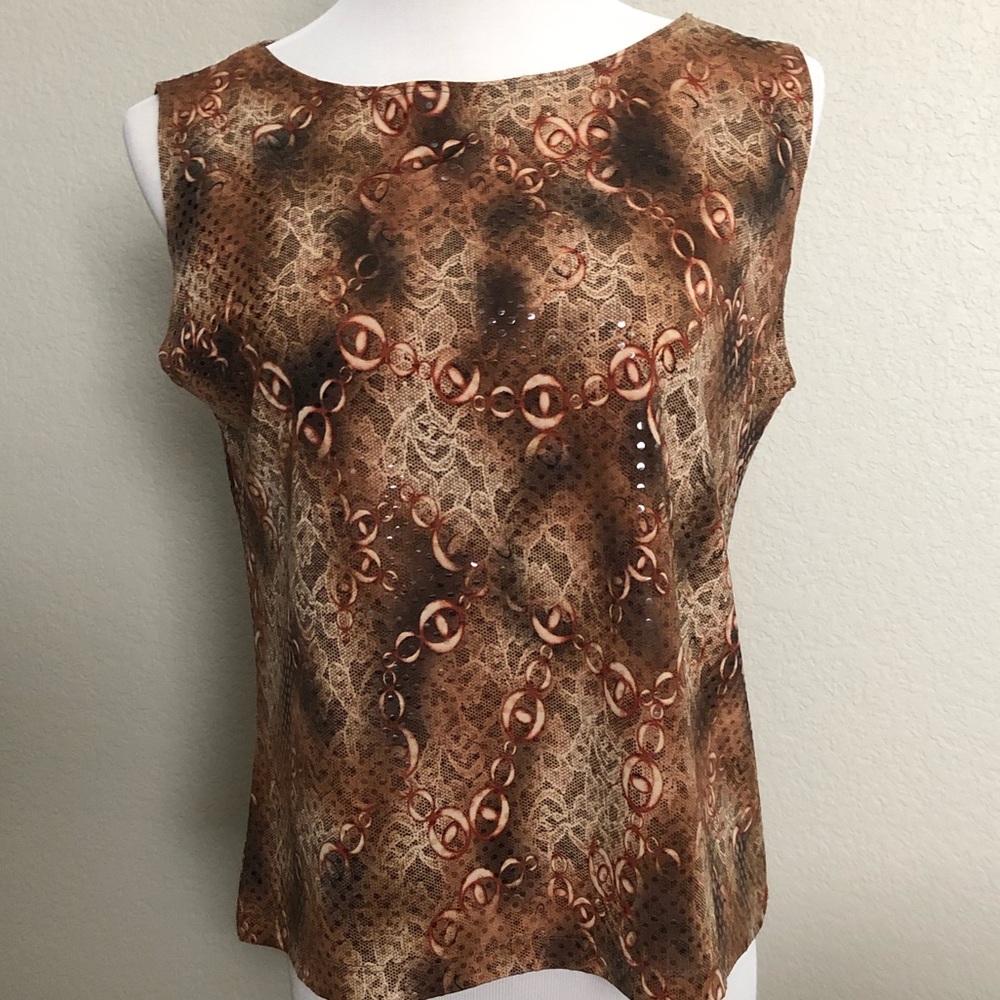 BROWN & CREAM PRINT SLEEVELESS TOP